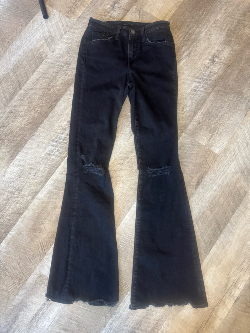 Flying Monkey Black Flare Jeans with Knee Distress, Fringed Hem